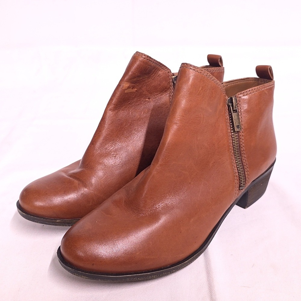 Lucky Brand Basel Booties Women 7.5 Brown Leather Dual Zip Ankle Boots LK-BASEL